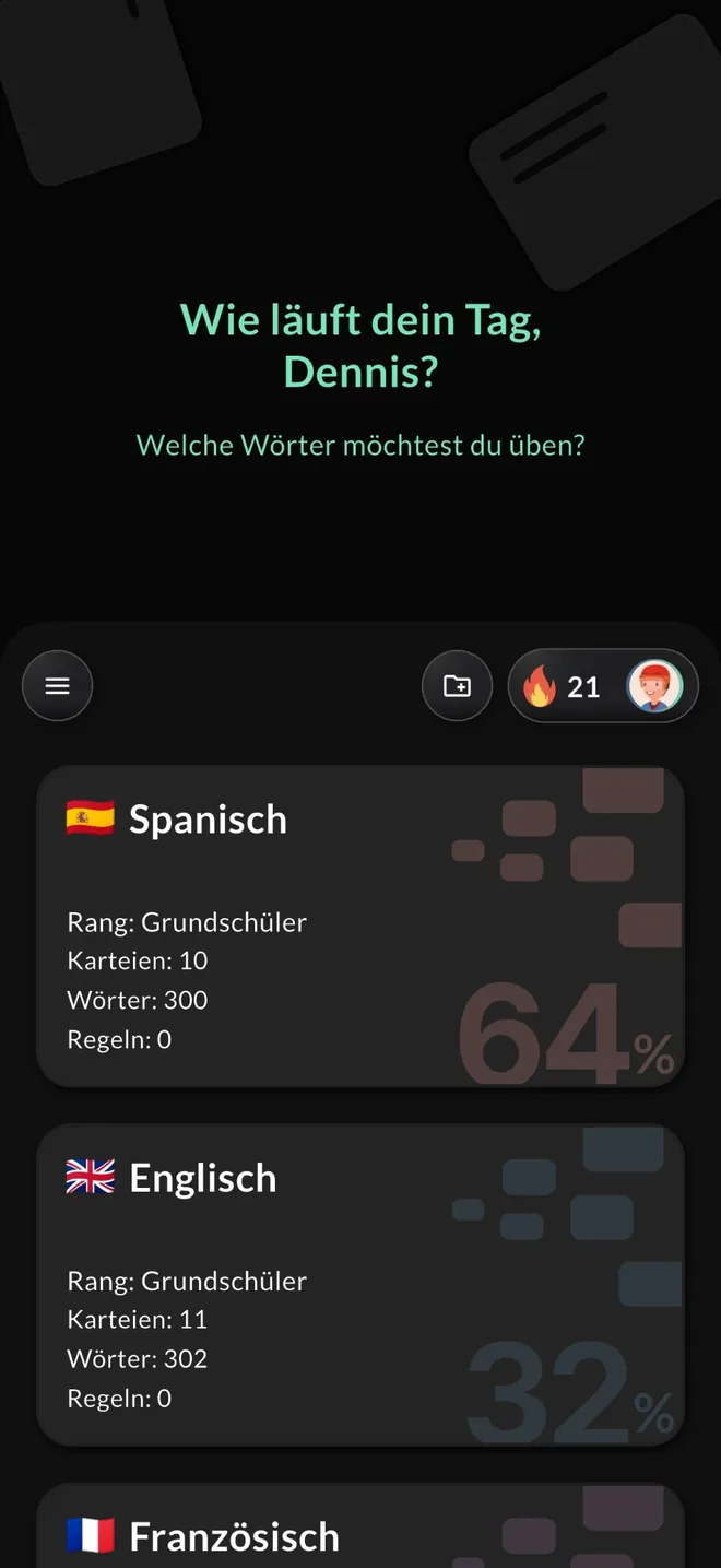 Vokabo-App: Startseite mit Sammlungen für Spanisch, Englisch und Französisch samt Lernfortschritt