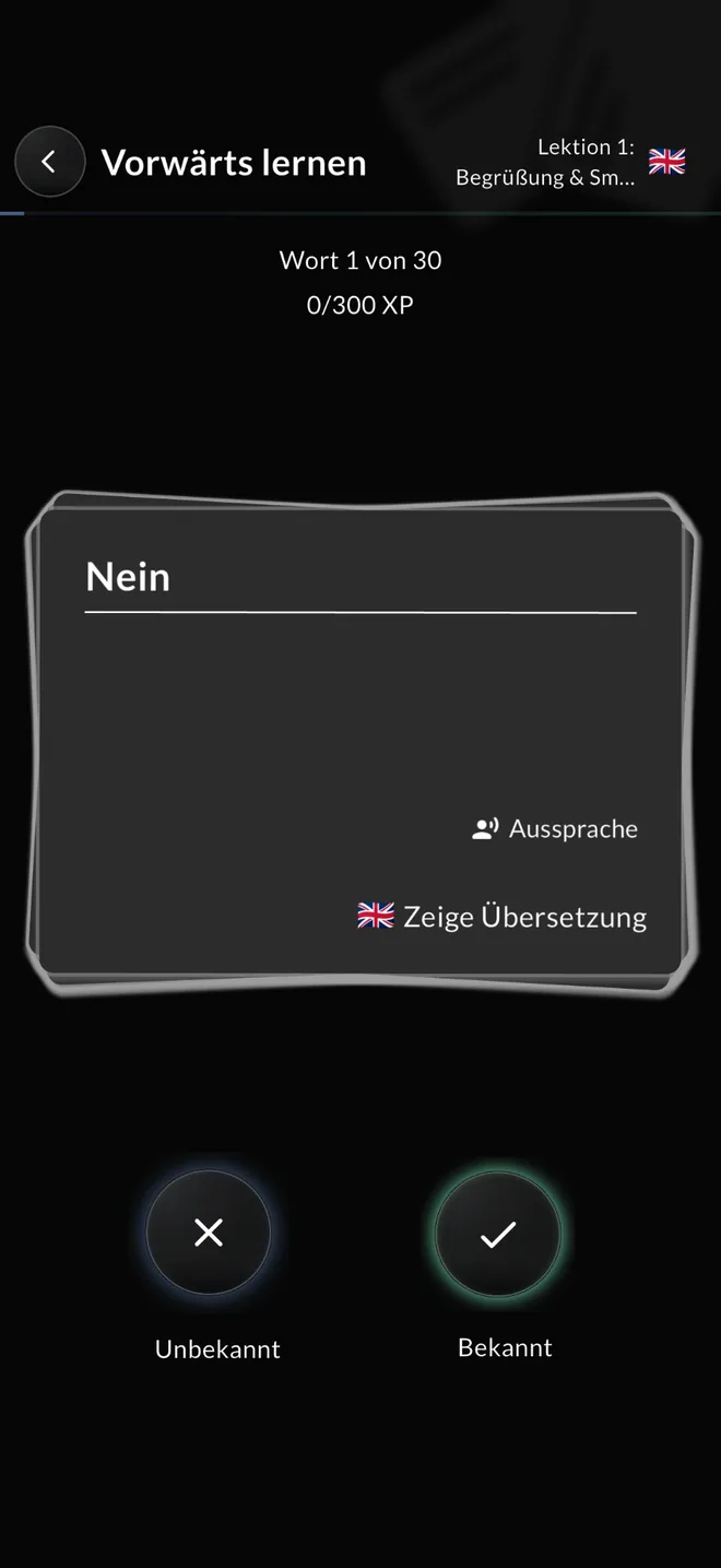 Vokabo-App: Karteikarte im Lernmodus mit Aussprache und Übersetzung