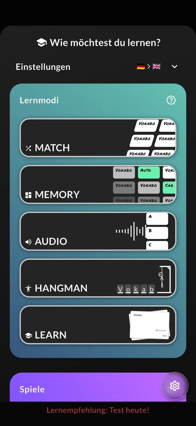 Vokabo-App: Auswahl der Lernmodi Match, Memory, Audio, Hangman und Learn