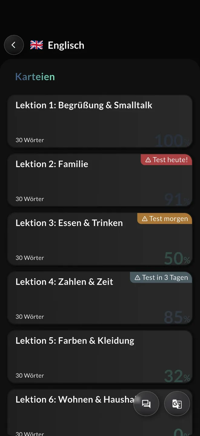 Vokabo-App: Karteien mit Lernfortschritt und Hinweisen wie „Test heute“ und „Test in 3 Tagen“